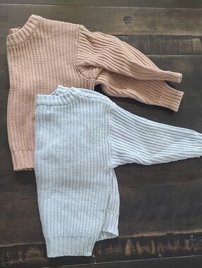 Set Of 2, Size 2 Minika Basics Kids Ribbed Knit Sweaters, Beige & Light Blue